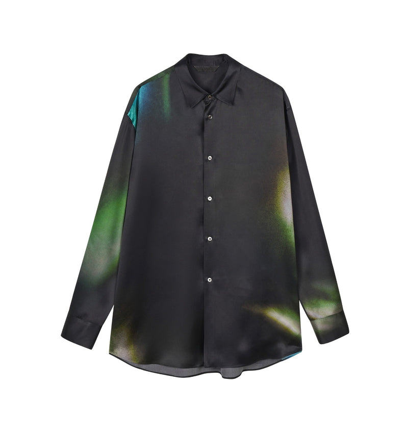Damen Oversize Bluse mit Perlmutt-Knöpfen & Space Print Schwarz