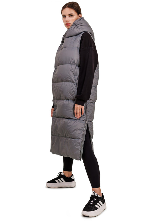 Damen Leichtdaunenweste mit Kapuze Herbst/Winterweste grey warm gefüttert