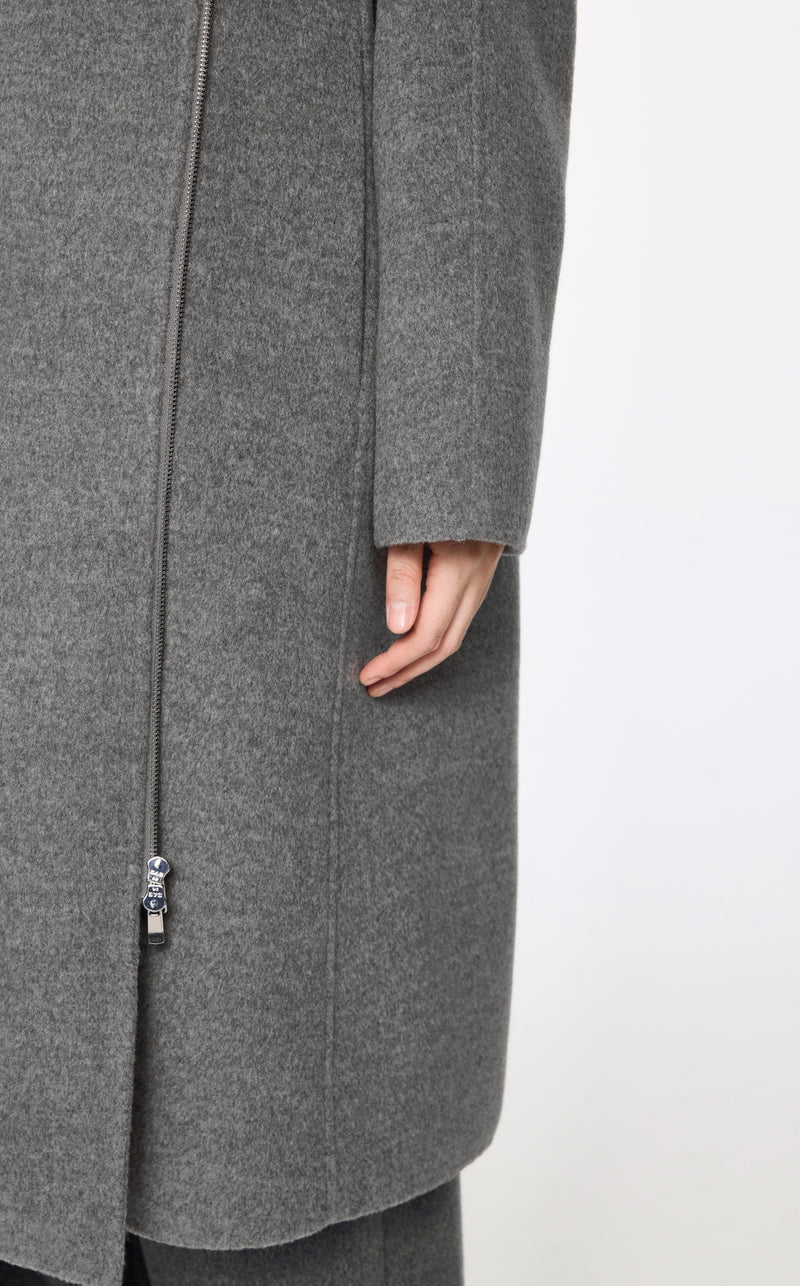 Eleganter Wollmantel mit Kapuze und Reißverschluss – Grau, minimalistisches Design