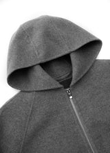 Eleganter Wollmantel mit Kapuze und Reißverschluss – Grau, minimalistisches Design