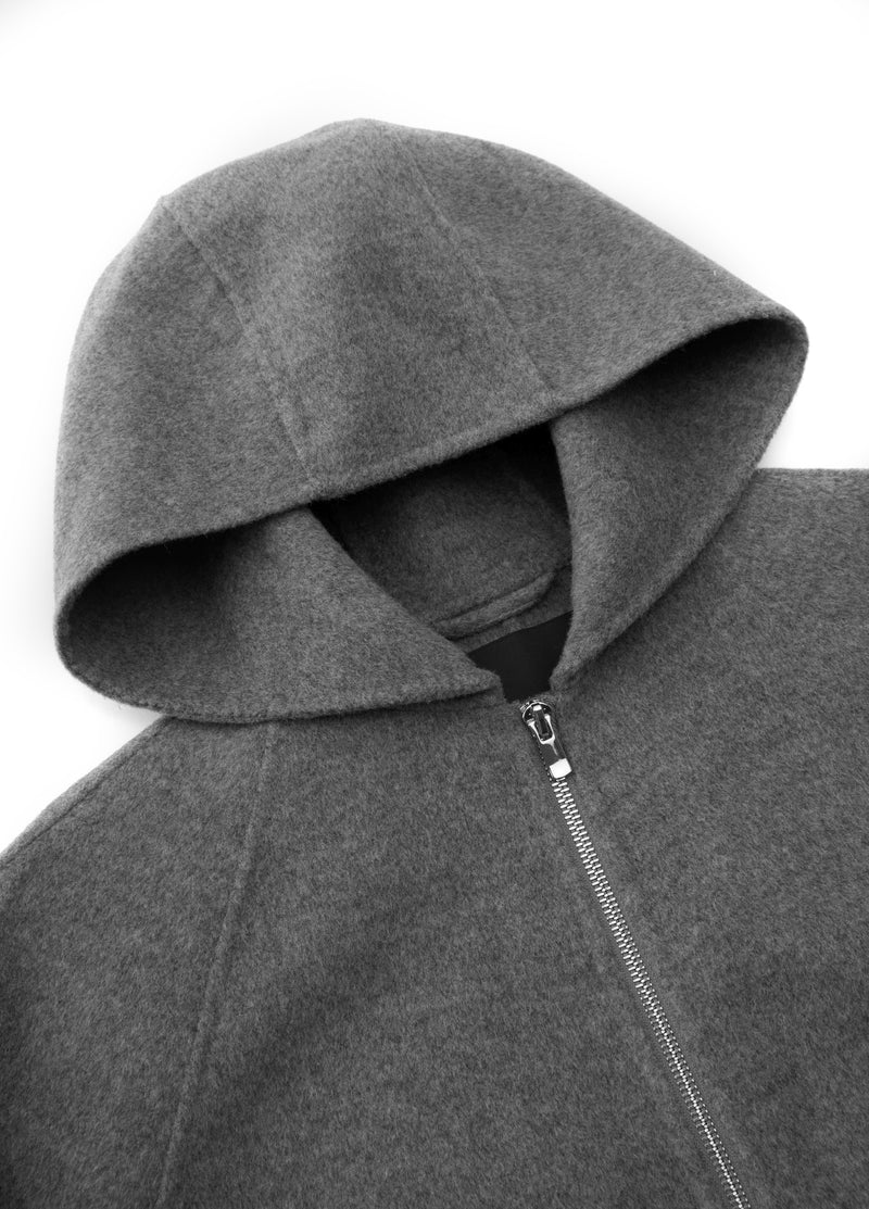 Eleganter Wollmantel mit Kapuze und Reißverschluss – Grau, minimalistisches Design