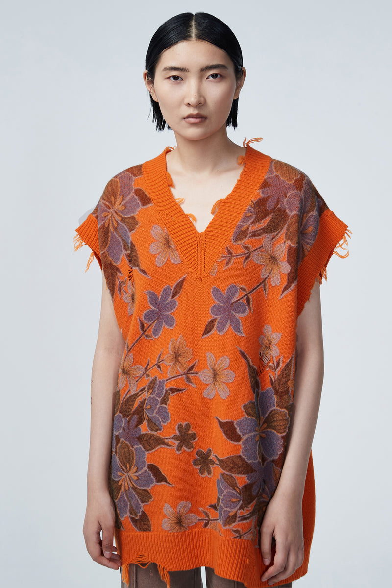 Oversized Pullunder mit floralem Muster, orange; Frontansicht